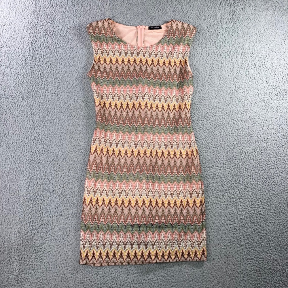 Mini Sheath Dress L Pink Green Chevron Sleeveless Zigzag Boho Retro Mod Cocktail